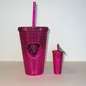 NWT Starbucks 2022 Winter Pink Sangria Studded Tumbler & Matching Keychain Set